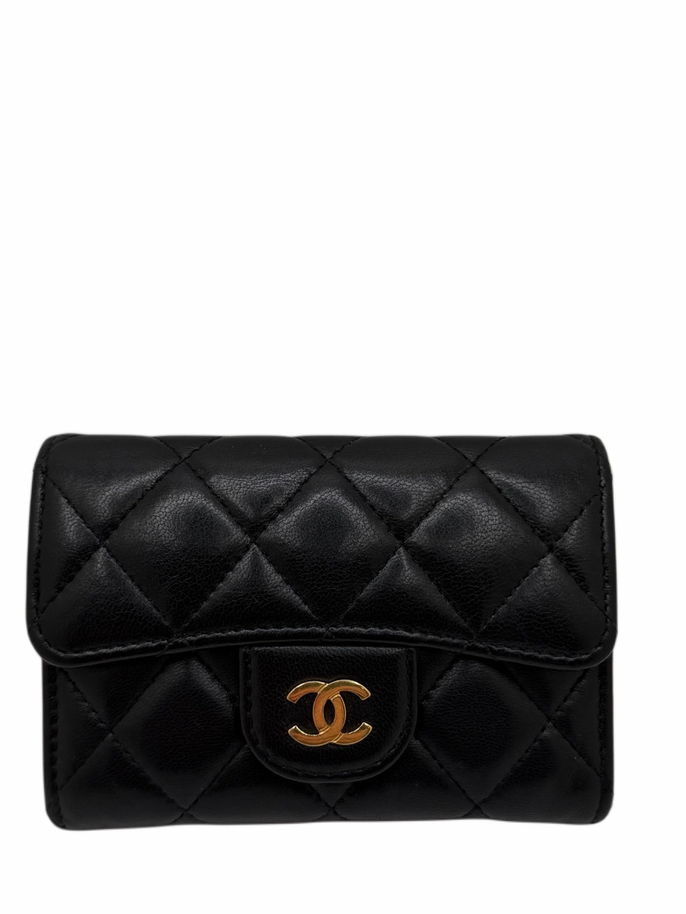 CHANEL Black Quilted Lambskin Leather Small Wallet Card Holder with Gold CC